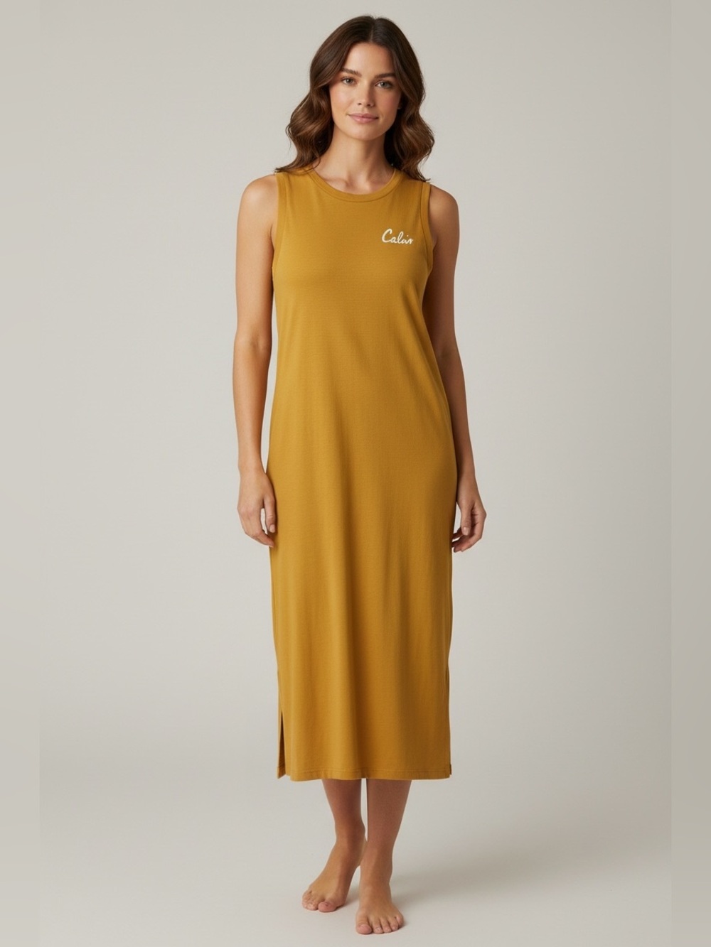 Calvin Klein Logo Mustard Sleeveless Midi Dress Size Small NWT